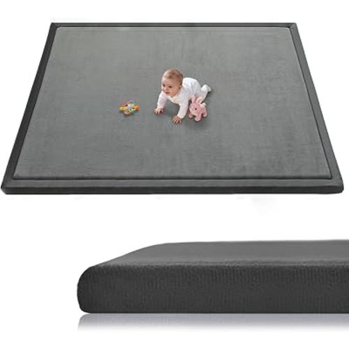 Baby Play Mat for Floor, 79'' x 71'' Thicken Foam Soft Padded Playmat for Tummy Time, Playpen Mat for Toddlers Infant Kids, Water-Repellent Coral Velvet, Non-Slip Bottom Safe for Crawling (Dark Grey)