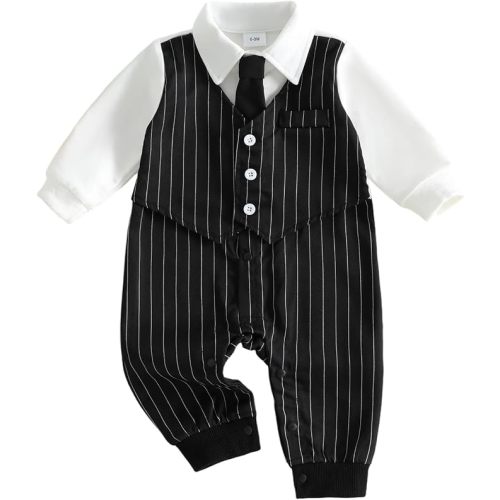 Newborn Baby Boy Halloween Outfit Pinstripe Tuxedo Romper Gothic Formal Jumpsuit with Tie Halloween Costumes 0-24M