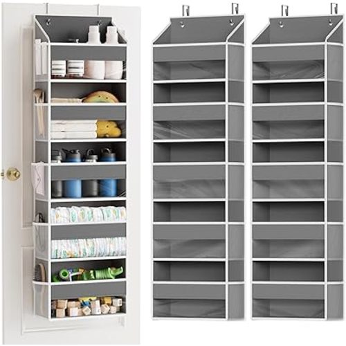 SpaceAid 2 Pack Over The Door Organizer with 5 Large Pockets and 10 Mesh Side Pockets, 5 Layers Door Organizer Hanging with Clear Window for Bedroom, Bathroom, Pantry and Nursery, Gray