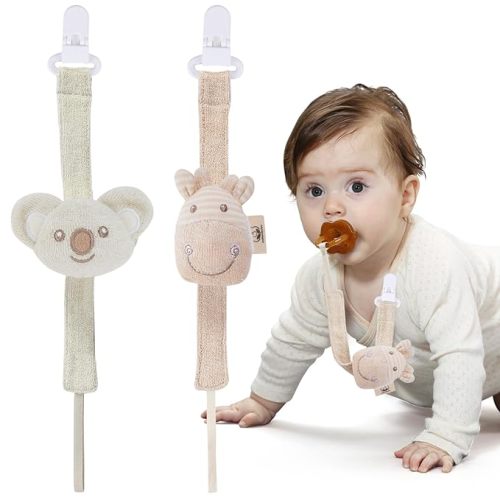 Pacifier Clip, 2 Pack Baby Pacifier Holder for Boys and Girls Fits Many Pacifiers & Baby Teething Toys, Ideal Baby Gift (Puppy & Bunny)