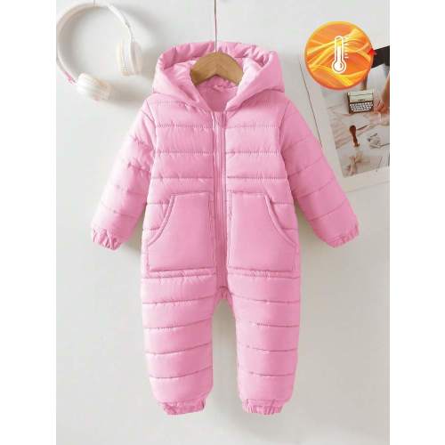 SHEIN Baby Girls' Casual Cute Hooded Zip-Up Long Sleeve Jumpsuit With Thermal Lined, Winter | SHEIN USA