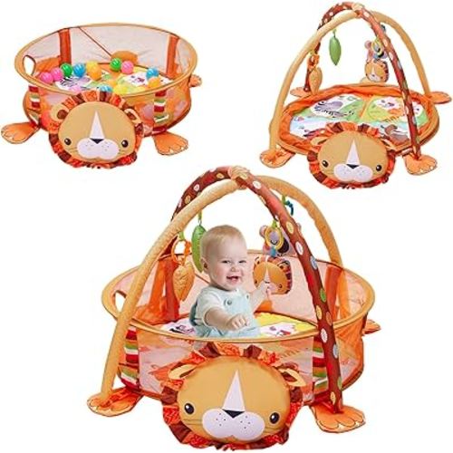 5-in-1 Baby Play Mat,Tummy Time Mat Baby Gym with 30 Balls & 4 Toys,Play Mat for Babies 0-6 Months Baby Play Gym Funny Animal,Lion