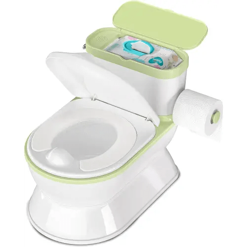 2-In-1 Toddler Potty Training Toilet - Larger Potty Chair & Detachable Training Seat for Boys & Girls Ages 1-3 with Flushing Sound, Wipes Storage, Toilet Paper Holder - Green