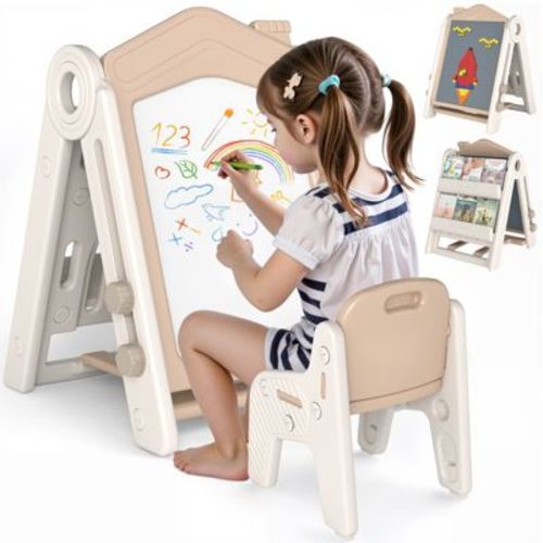 SUGIFT 3-in-1 Kids Art Easel with Magnetic Whiteboard, Block Table & Bookshelf, Adjustable Height, Foldable Creative Station