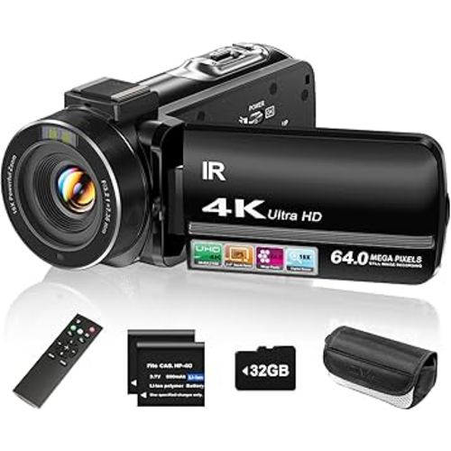 4K Video Camera Camcorder UHD 64MP Vlogging Camera for YouTube 18x Digital Zoom 3" 270° Rotation IPS Touchscreen Video Camcorder with Night Vision, Remote Control, 32GB Card, 2 Batteries
