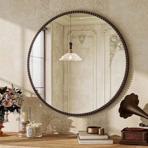 BEAUTYPEAK 24" Round Bathroom Mirror Vanity Mirror Wall Mounted With Beaded Frame,Antique Bronze