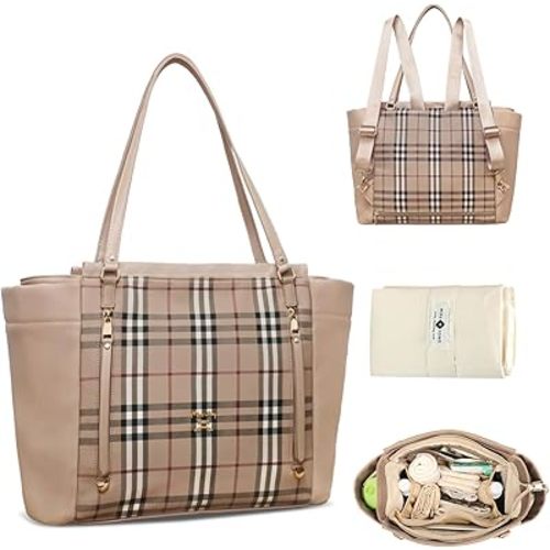miss fong Checkered Diaper Bag Tote - Leather Diaper Bag Backpack, Large Capacity Mommy Bag Hospital Bag, 12 Pockets Travel Diaper Tote with Changing Pad for Mom Plaid Tote Bag for Women-light brown