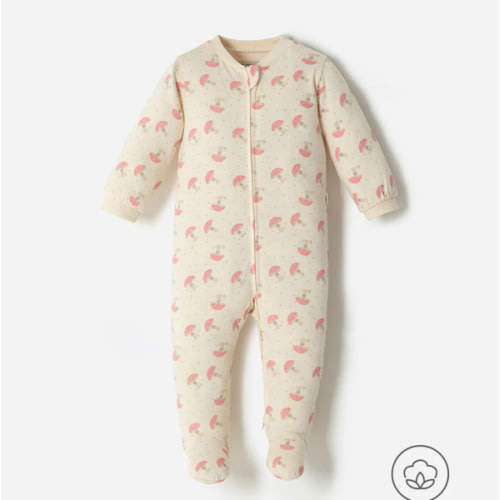Pijama bebé niña cierre doble sentido manga larga beige hongos 0-3 meses