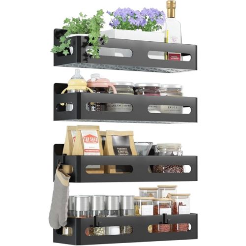 Sevenblue 4-Pack Magnetic Spice Rack for Refrigerator with Hooks, Black
