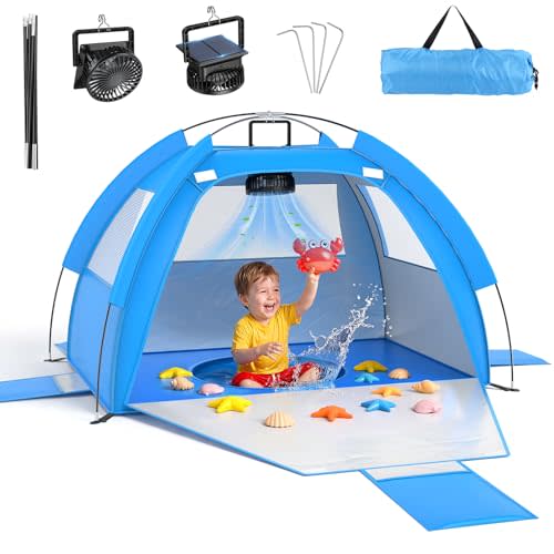 Baby Beach Tent Solar Cooling Fan, Anti-UV Toddler Beach Tent Sun Shelter Portable Travel Fan Beach Shade Tent, Baby Play Tent Built-in Ceiling Fan Sun Shelters Toddler Beach Essentials Blue