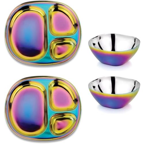 Ahimsa Stainless Steel Kids Plates and Bowls Set of 2 - Toddler Plates & Bowls, Pediatrician Designed, Non Toxic BPA Free & Dishwasher Safe (Rainbow)