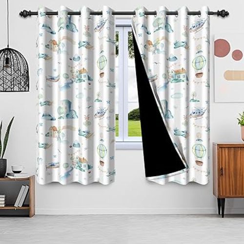 42x84 Inches Cartoon Hot Air Balloons Airplane Blackout Curtains Watercolor Cute Airplane Sky Window Drapes with Black Liners Grommet Curtains for Boy Bedroom Nursery Decor, 2 Panels