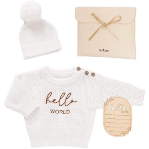 Avibae Baby Set with Knit Sweater, Hair Band or Beanie, Announcement Sign