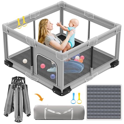 ICAREWAY Foldable Playpen for Babies and Toddlers, 50x50 Inches Portable Playpen, Kids Collapsible Play Pen with 2 Handlers, Indoor & Outdoor Baby Fence Play Area with Visible Mesh, Light Gray