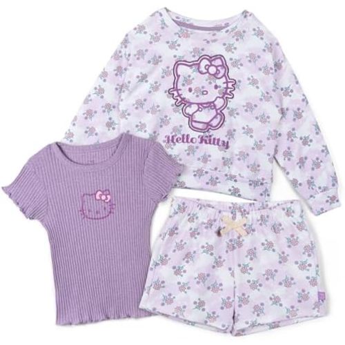 Hello Kitty Girls French Terry Drop Shoulder Sweatshirt, T-Shirt & Shorts 3 Piece Set Toddler to Big Kid Sizes (4T - 10-12)