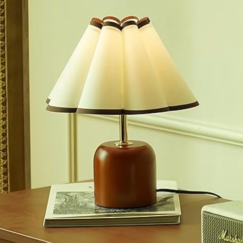 Cute Small Table Lamp, Vintage Mid Century Modern Bedside Nightstand Lamp with Coffee Fabric Lampshade,Solid Wood Base Brown for Bedroom Home Office Decor (Without Buld)