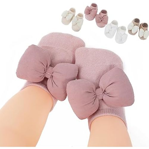 Urban Virgin 4 Pack Baby Girl Non-Slip Socks With Grips Infant Low Cut Ankle Socks Cotton Socks 0-6 Months With Bowknot