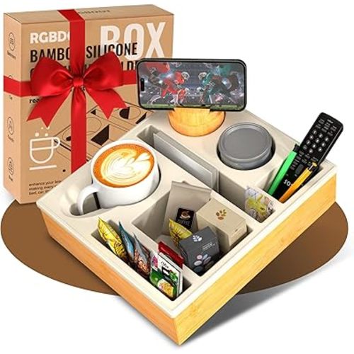 Couch Cup Holder Tray - Couch Organizer Caddy, Silicone Beach Caddy with Cup Holder, Sofa and Bed Drink Holder and Couch Tray Table for Snacks Beverage Remote (Beige)