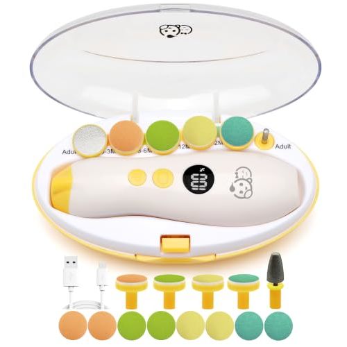 Royal Angels Rechargeable 22 in 1 Baby Nail Trimmer with LCD Display, Labeled Case, 13 Extra Pads, 4 Speed Settings, Safe Quiet LED Light Electric Baby Nail File Kit for Newborns Toddlers (Mango)