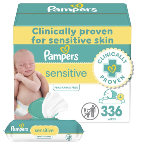 Pampers Baby Wipes, Sensitive, Water Based Wipe, Clinically Proven, Hypoallergenic, and Unscented for Babies, 336 Wipes Total (4 Flip-Top Packs)