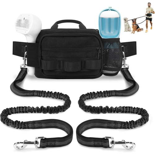 Katieovy Hands Free Dog Leash with Dual Bungees for 2Dogs,waist leash for dog walking with Zipper Pouch for Running and Hiking