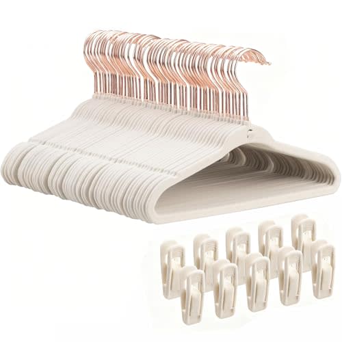 Kids Velvet Hanger 50 Pack, 11" Baby Clothes Hangers with Rose Gold Swivel Hook & 10 Clips, Ultra Thin 0.2" Non-Slip Nursery Hangers, Stackable Space-Saving Felt Hangers for Closet, Beige