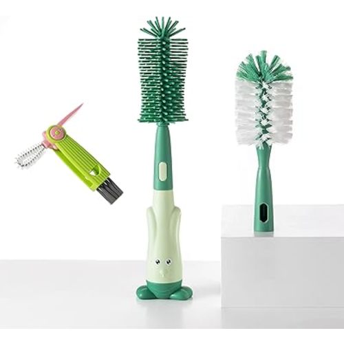 Chemimoso Cup Cleaning Brush, Silicone Baby Bottle Brush with Stand, Large Handle Water Bottle Brush Cleaner Set, with a Tiny Cup Lid Gap Cleaning Brush, Cup Lid Cleaner Brushes Kit, Green