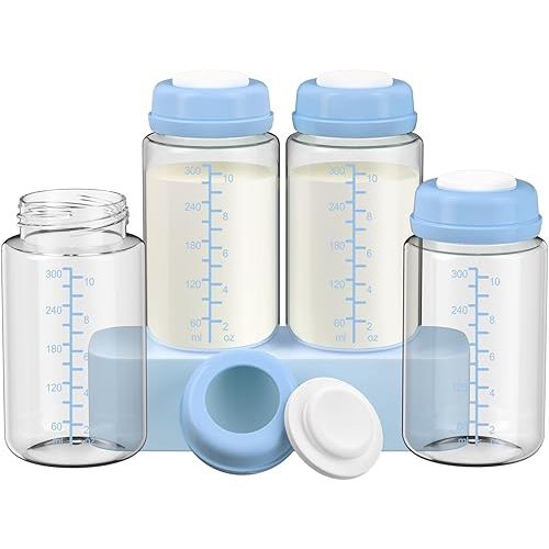 4 Pack 10oz Wide-mouth Breastmilk Storage Bottle for Momcozy 22oz Portable Breast Milk Cooler, Pumping Storage Containers Compatible with Spectra S1/S2/9 Plus/SG/Motif Luna (4PC/Blue Lids)
