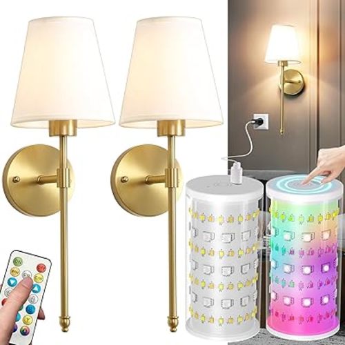 HIFCTRN Wireless Wall Sconces Set of Two Battery Operated, Rechargeable Wall Lamp with 10000 mAh Dimmable Bulb & Remote, 10 Colors Wall Lights for Bedroom Living Room Hallway Wall Decor