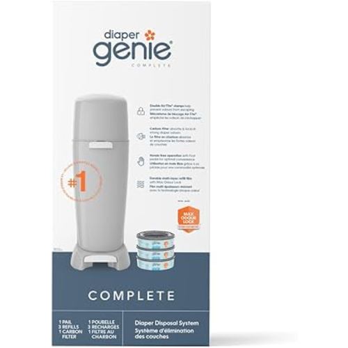 Diaper Genie Complete Diaper Pail Gift Set, Grey - AMAZON EXCLUSIVE - comes with 3 Diaper Pail Refills