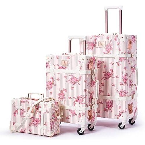 Unitravel 3 Piece Vintage Suitcase Set, 26" Handmade Women Travel Luggage with 12" Handbag, Hardside Faux Leather Carry on Spinner Trunk with TSA Lock (Pink Floral)