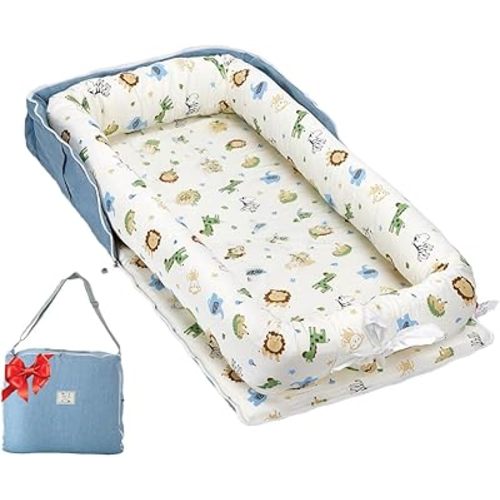 Baby Lounger for Newborns & Infants 0–24 Months, 100% Cotton Breathable Infant Support Cushion with Adjustable Size, Portable Baby Nest for Home and Travel, Baby Shower Gift (Animal World Blue)