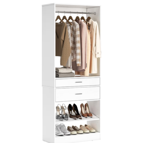 Unikito 25” W x 80'' H Closet Organizer Storage with Hanging Rod and 2 Wooden Drawer, Adjustable Angled Shoes Rack, Sturdy Garment Racks, Walk-in Closet Tower for Bedroom, Mudroom, and Entryway, White