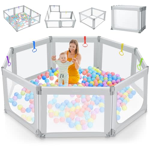 Kidirect Foldable Baby Playpen, 71"×69" Extra Large Play Pen for Babies and Toddlers 1-3, Portable Play Yard with 5 Handles, Indoor Outdoor Safety Baby Gate Fence Play Area with Visible Mesh, Grey