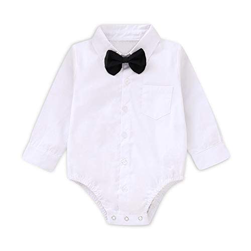 SOBOWO Baby Boy Dress Shirt Bodysuit Long Sleeve Button-Up Wedding 0-24M | One-Piece Infant 100% Cotton Romper Onsies with a Detachable Bow Tie and Snap Bottom for Birthday, Photos, Formal, Baptism
