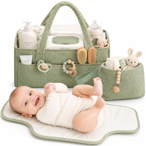 PeraBella Baby Diaper Caddy Organizer, Nursery Storage Baby Basket 3Pcs Set | Diaper Organizer with Portable Changing Pad and Diaper Bag Organizer Pouch, Newborn Boy Girl Essentials Caddy for Baby Stuff