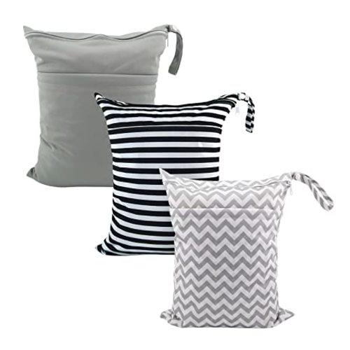 ALVABABY 3pcs Baby Cloth Diaper Wet Dry Bags Waterproof Reusable with Two Pockets Travel Beach Pool Daycare Soiled Baby Items Yoga Gym Bag for Swimsuits or Wet Clothes M Size 3L-ZM01