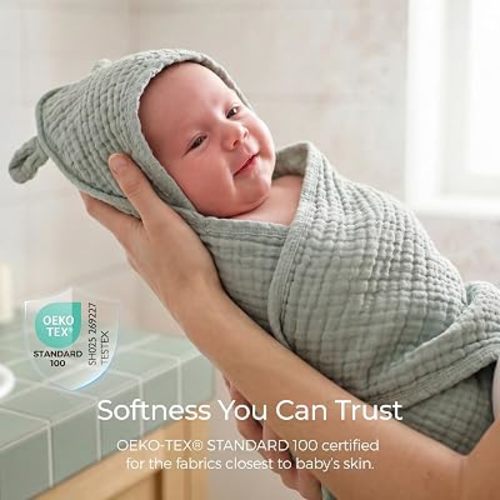 Momcozy Baby Towels, 6-Layer 100% Cotton Muslin Hooded Baby Towel Set for Newborn, Infant & Toddler, Soft Absorbent Baby Bath Essentials, Large 32 x 32 Inch