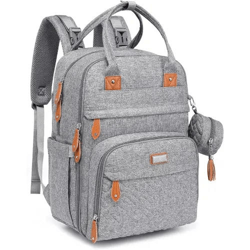 BabbleRoo Diaper Bag Backpack - Baby Essentials Travel Tote - Multi Function Water Resistant Diaper Bag, Travel Essentials Baby Bag with Changing Pad, Stroller Straps & Pacifier Case - Light Gray