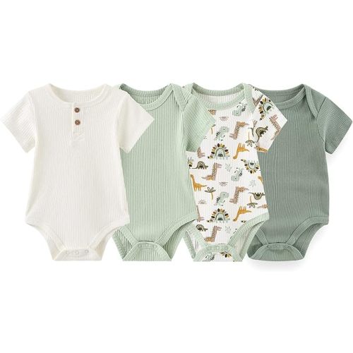 ZAV Solid Unisex Short Sleeve Baby Boy Girl Bodysuits 4-pack Cotton Cartoon Baby Clothes Soft Infant Outfits - Style 01 - 0-3months