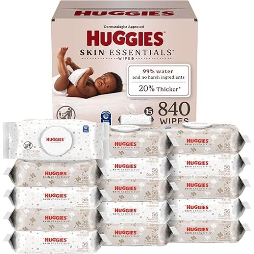 Huggies Skin Essentials Baby Wipes, Hypoallergenic, 99% Water, 15 Flip Top Packs (840 Wipes Total)