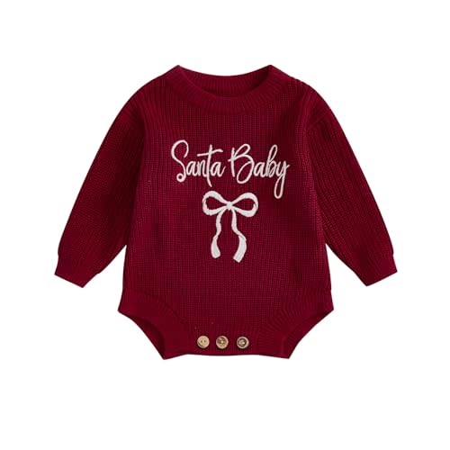 Ursobutegl Newborn Baby Girl Christmas Sweater Santa Baby Bow Embroidery Knit Romper Jumpsuit Bodysuit Fall Winter Clothes