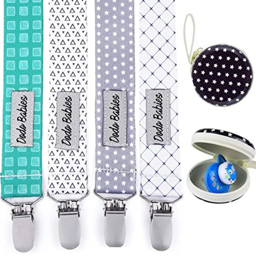 Dodo Babies Pacifier Clip Set - Universal Pacifier Holder for Boys & Girls - Multipurpose Baby Clip Secures Teethers - Travel Case Stores Baby Essentials - Teal, Blue & Grey