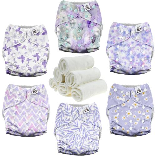 Mama Koala 3.0 Cloth Diapers for Babies with AWJ Lining, 6 Pack with 6 Natural Cloth Diaper Inserts - Reusable and Washable Pocket Diapers (Light Lavender)