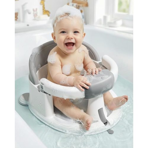 ONTHEWEI Baby Bath Seats for Babies Sitting Up, Non-Slip Baby Bathtub with 3 Suction Cups, Safe & Comfortable Toddler Bath Seat Ideal for Baby Bath/Shower Support, Stable Design, Grey (6-24 Months)