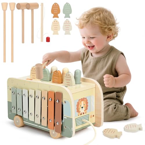Vanplay Montessori Toys for 1 Year Old - Wooden Hammering Pounding Toys for One Year Old Girls Boy Gifts, 7 in 1 Learning Activities for Baby First Christmas Birthday Gifts for Toddlers 1-3-2-4