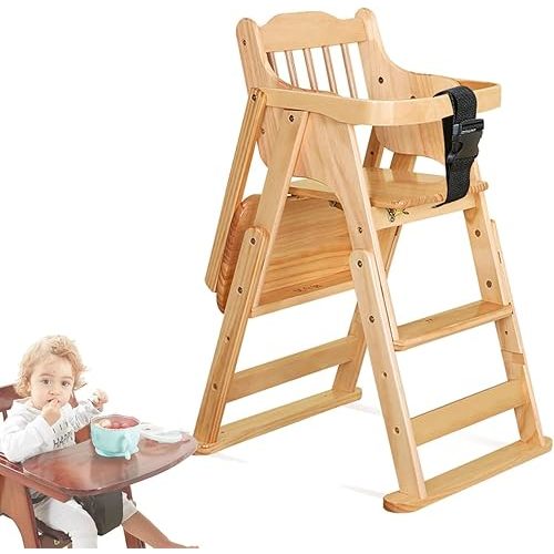 Wood High Chair with Tray, Baby Highchairs, Children High Stool Dining Chair for Babies and Toddlers Portable Kids Folding Chair with Safety Belt Adjustable Height (6 Months to 7 Years) (Color : A)