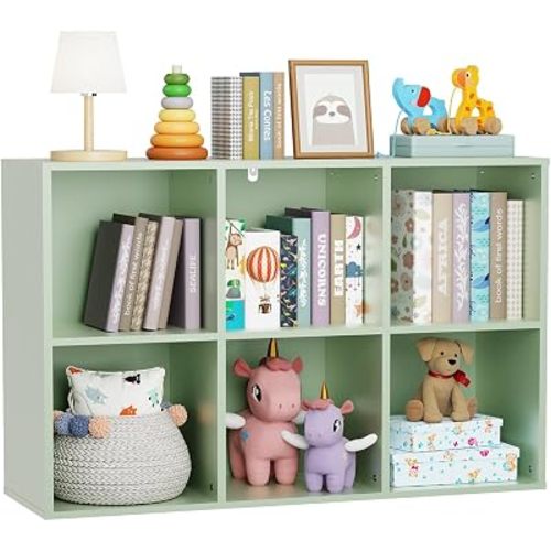 6 Cube Storage Organizer, Kids Cubby Bookshelf, Green Cube Bookcase with Closed Back Panel, Thickened Panels, Anti-Tip Kit, Toy Storage Organizer for Nursery, Classroom, Kids Room (Green)