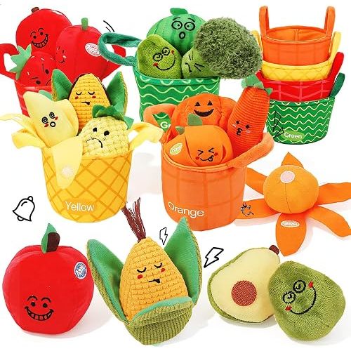 Fruit Vegetable Sensory Toys for Baby 6-12 Months - 16Pcs Plush Sorting Set Perfect for Little Hands to Grasp With Cute Faces, Bright Color Food Crinkle & Rattle, Birthday Gift for 1 Year Old Boy Girl