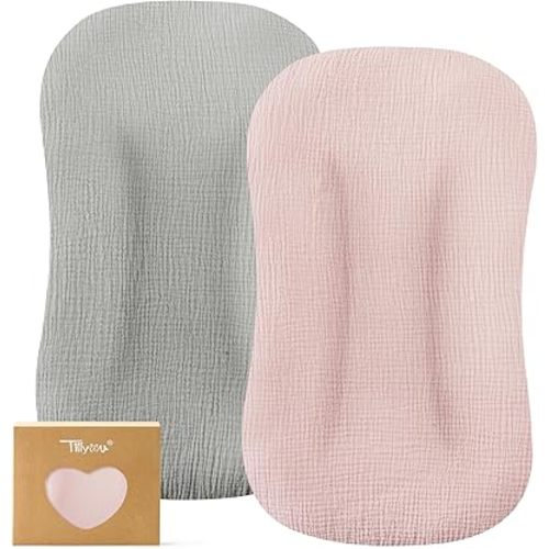 TILLYOU Muslin Baby Lounger Cover, 100% Cotton Newborn Lounger Cover, 2 Pack Baby Nest Slipcover for Boys Girls, Cover Only, Grey and Pink